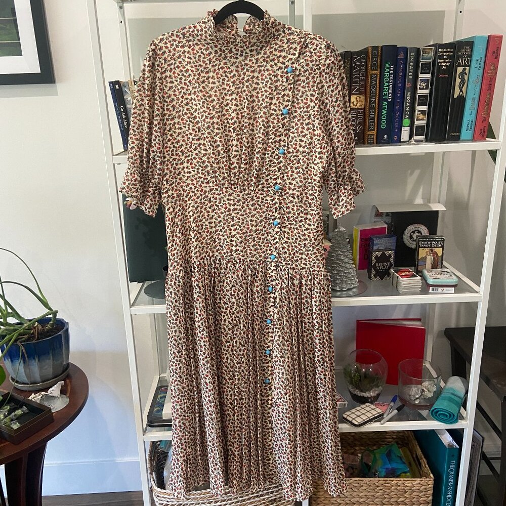 Farrow drop waist floral pattern dress with blue buttons